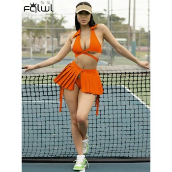 Summer Casual Three 3 Piece Sets Skirts Women Sleeveless Bandage Crop Top Mini Pleated Skirts Orange Matching Dress Sets